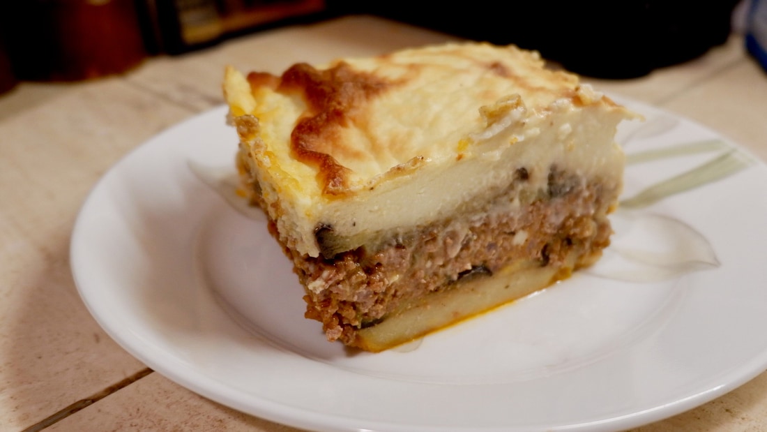 An Athens cooking class teaches moussaka, layered with minced meat, aubergine and a baked bechamel top