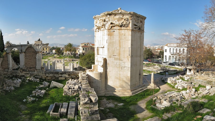 An Athens shore excursion walks the Roman Agora to the marble Tower of the Winds