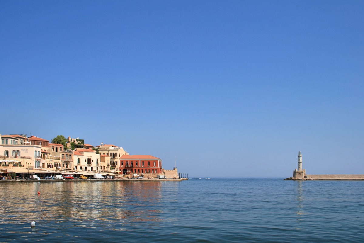 A Chania food tour starts at the Venetian harbour and lighthouse of Chania