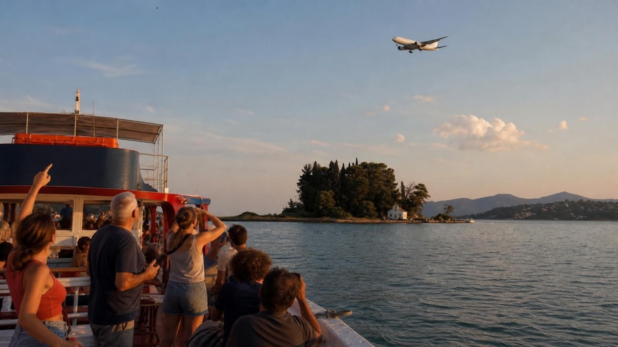 Passengers on a Corfu sunset cruise watch a plane fly over Mouse Island in the evening light