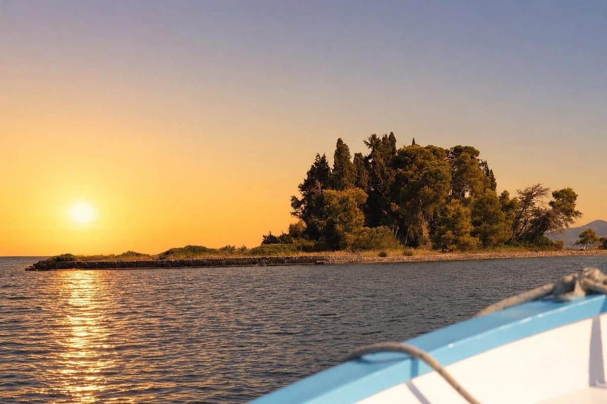 Corfu sunset cruise view of the sun setting beside a wooded islet, seen from the bow of a small boat