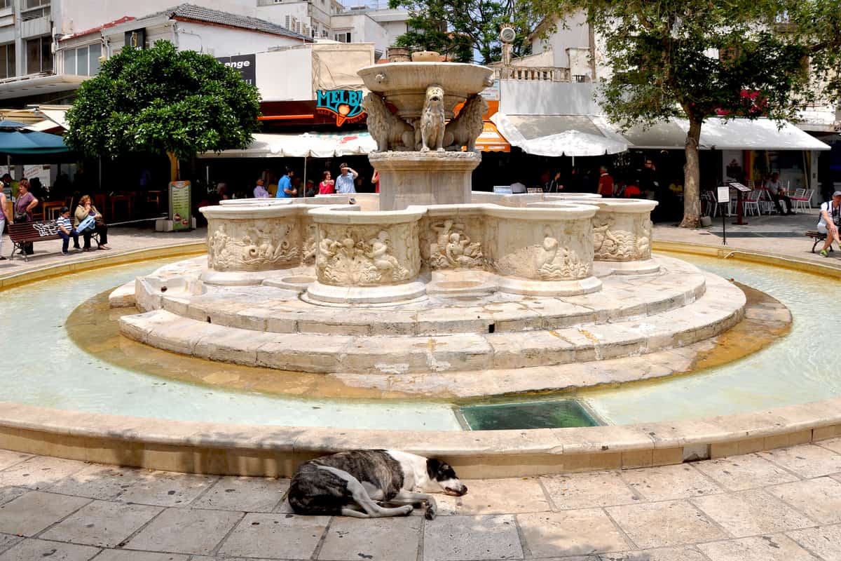 The Morosini fountain with its stone lions in the centre of Heraklion, the city where Heraklion horse riding begins