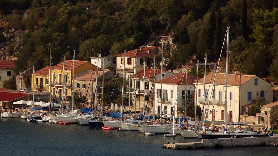 An Ithaca day trip stops in Kioni, a harbour village of tiled houses in the north of the island