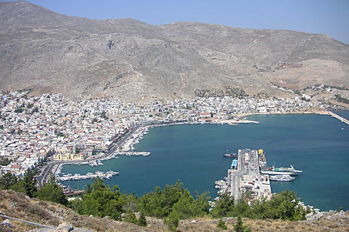 Pothia, the main town and harbour of Kalymnos, seen from the hills above, where a Kalymnos boat trip begins