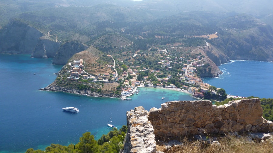 The village of Assos and its bay seen from the castle above, a stop on a Kefalonia food tour