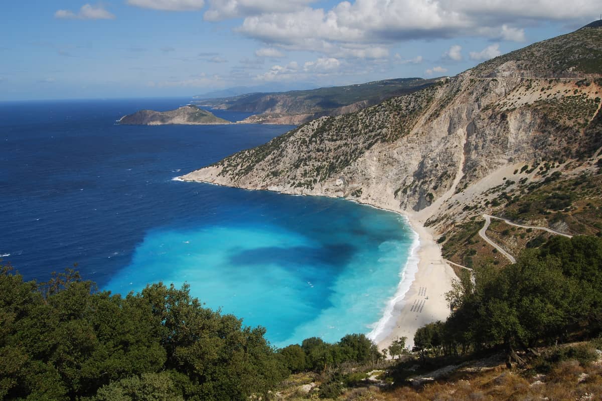 Myrtos beach and its turquoise bay below the cliffs of north-west Kefalonia, seen on a Kefalonia food tour