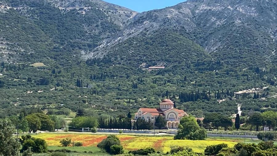 The monastery of Agios Gerasimos in the Omala valley below Mount Ainos, a wine area on a Kefalonia wine tour