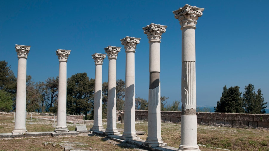 A Kos island tour stops at the Corinthian columns of the Temple of Apollo at the Asklepieion