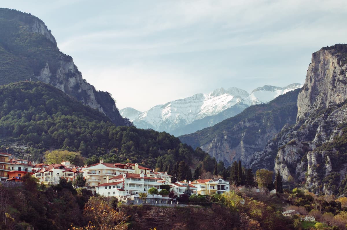 A Mount Olympus day trip starts in Litochoro below the snowy peaks of Mount Olympus