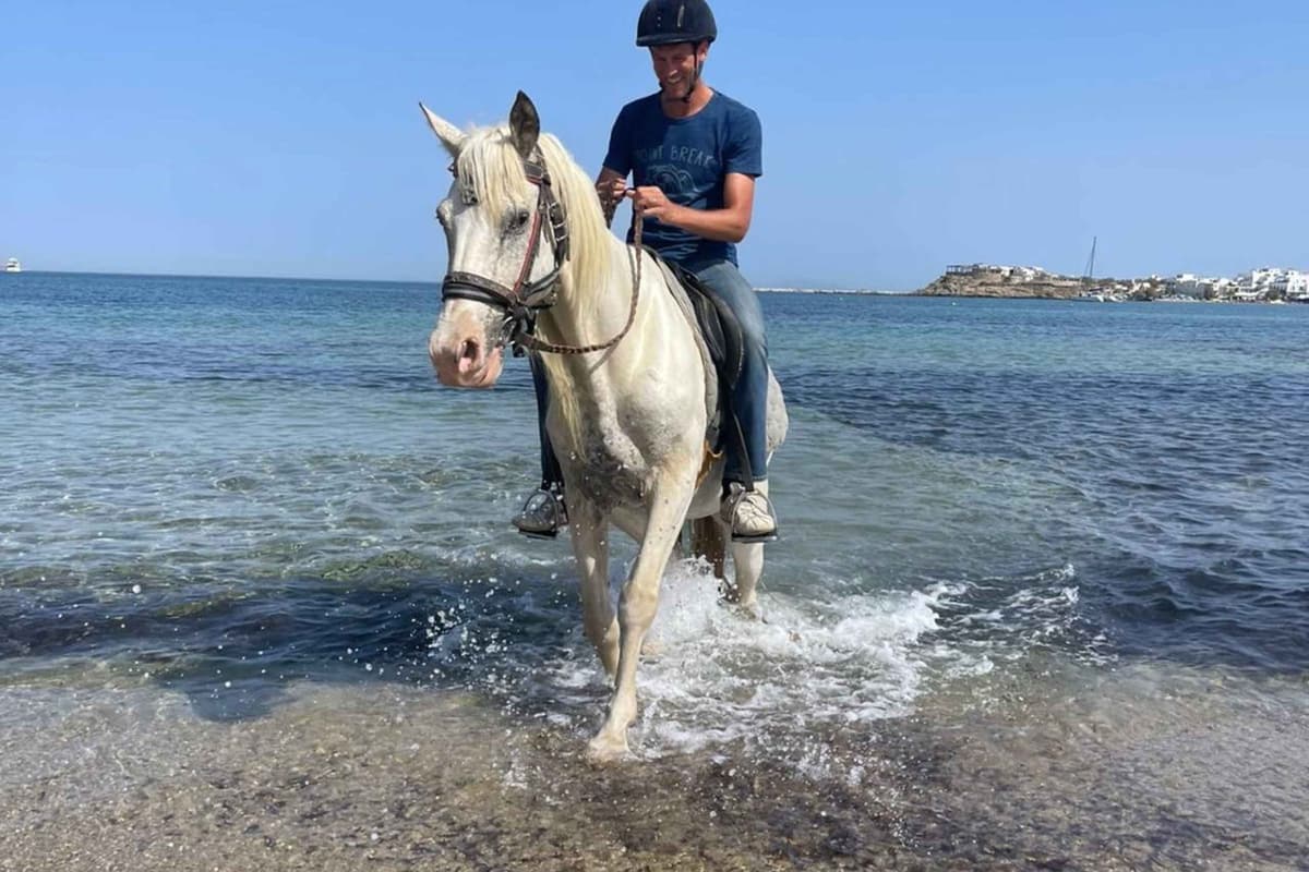 Naxos horse riding in the sea, with a rider in a helmet on a white horse splashing through clear shallow water