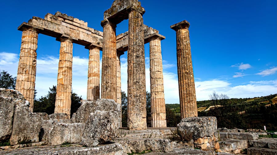 The standing Doric columns of the Temple of Zeus at Ancient Nemea, a stop on many a Nemea wine tour