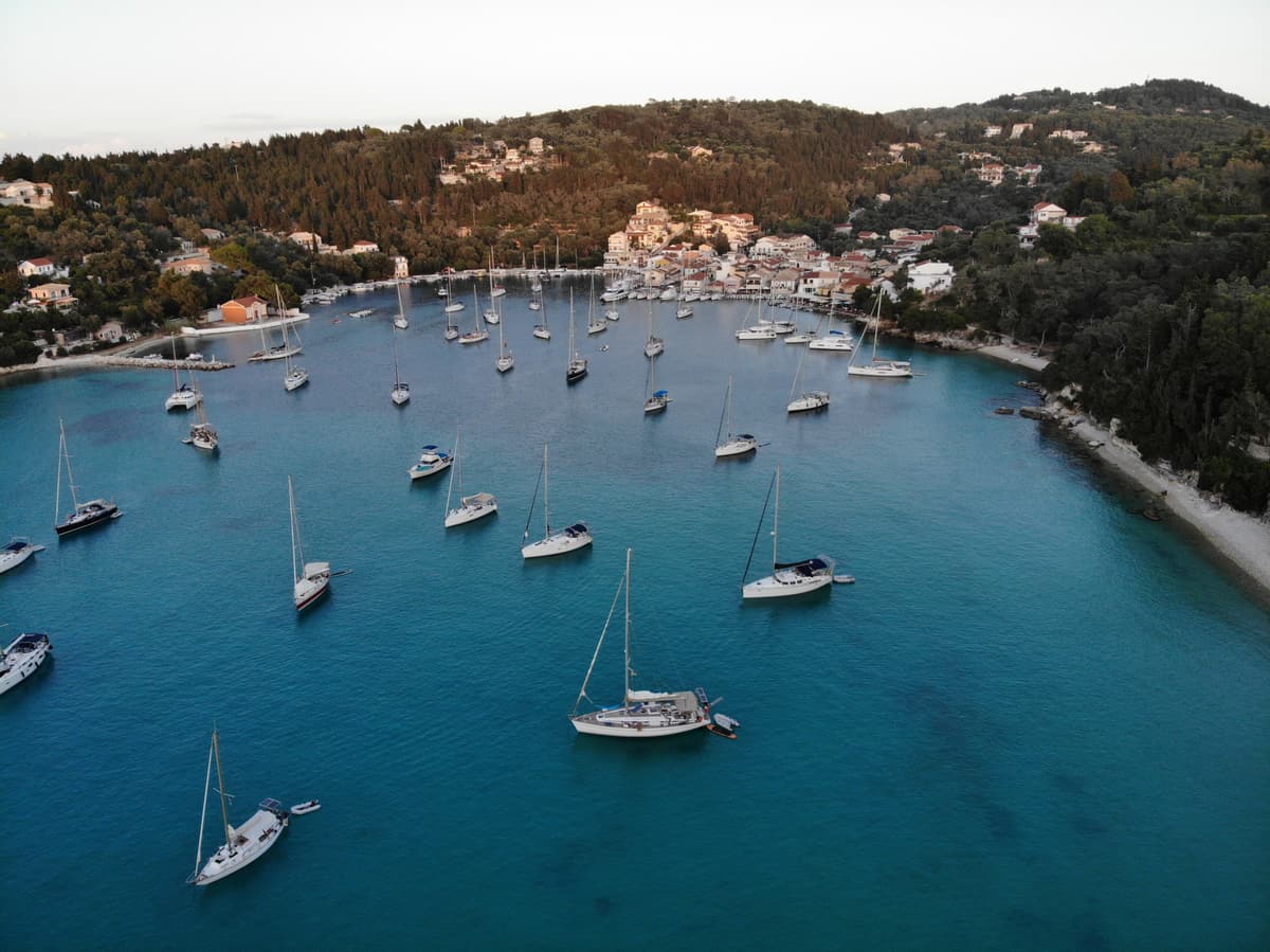 A Paxos Antipaxos cruise anchors in the bay of Lakka on Paxos