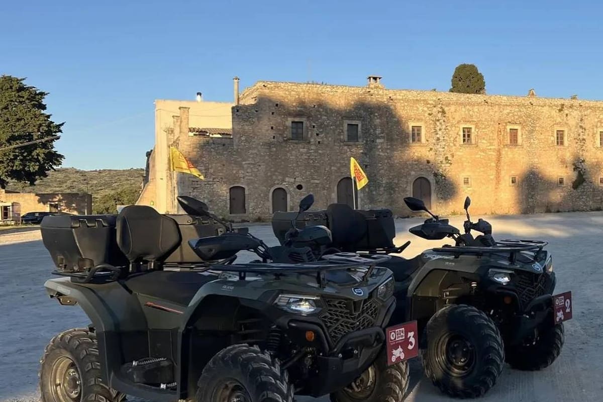Quads parked outside the Arkadi Monastery near Rethymno, a stop on a Rethymno ATV tour