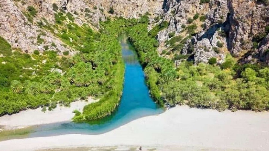 Palm-lined river reaching the sea at Preveli beach on the south coast, a stop on a Rethymno boat trip