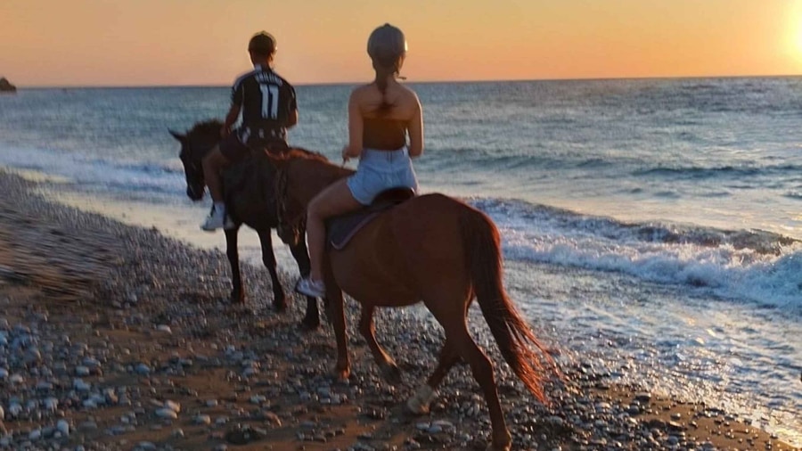 Rhodes horse riding on a pebble beach, with two riders on chestnut horses at the edge of the waves at sunset