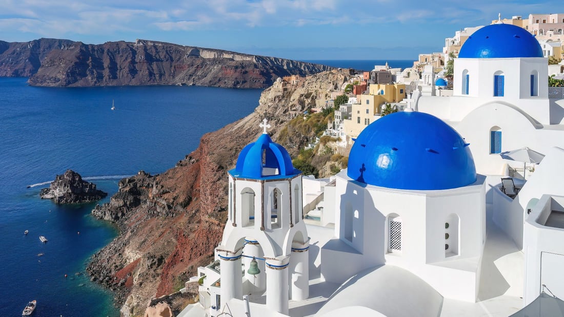 A Santorini cooking class is held on the island of the blue-domed churches of Oia above the caldera